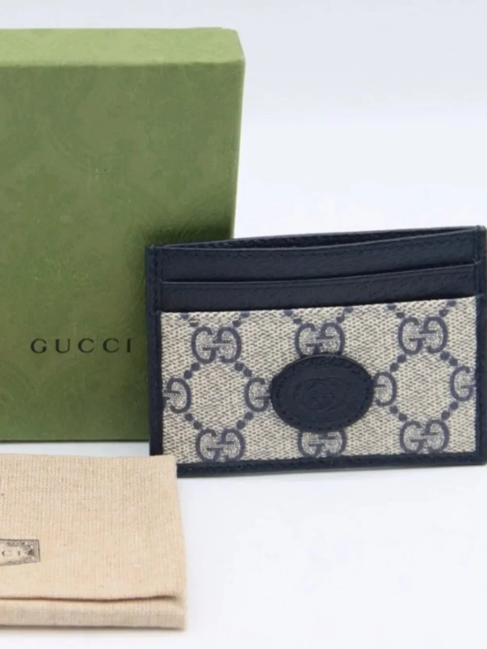 Gucci GG Supreme Canvas Card Case with Blue Leather